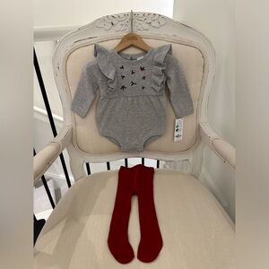 🐇 3 Mth Christmas Winter Knit Holly Bubble Onesie Set With Tights NWT